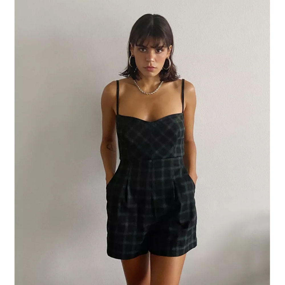 Urban outfitters plaid Isaac romper navy blue green xs